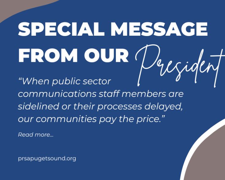 Special message banner from the PRSA Puget Sound chapter president addressing members for 2026.
